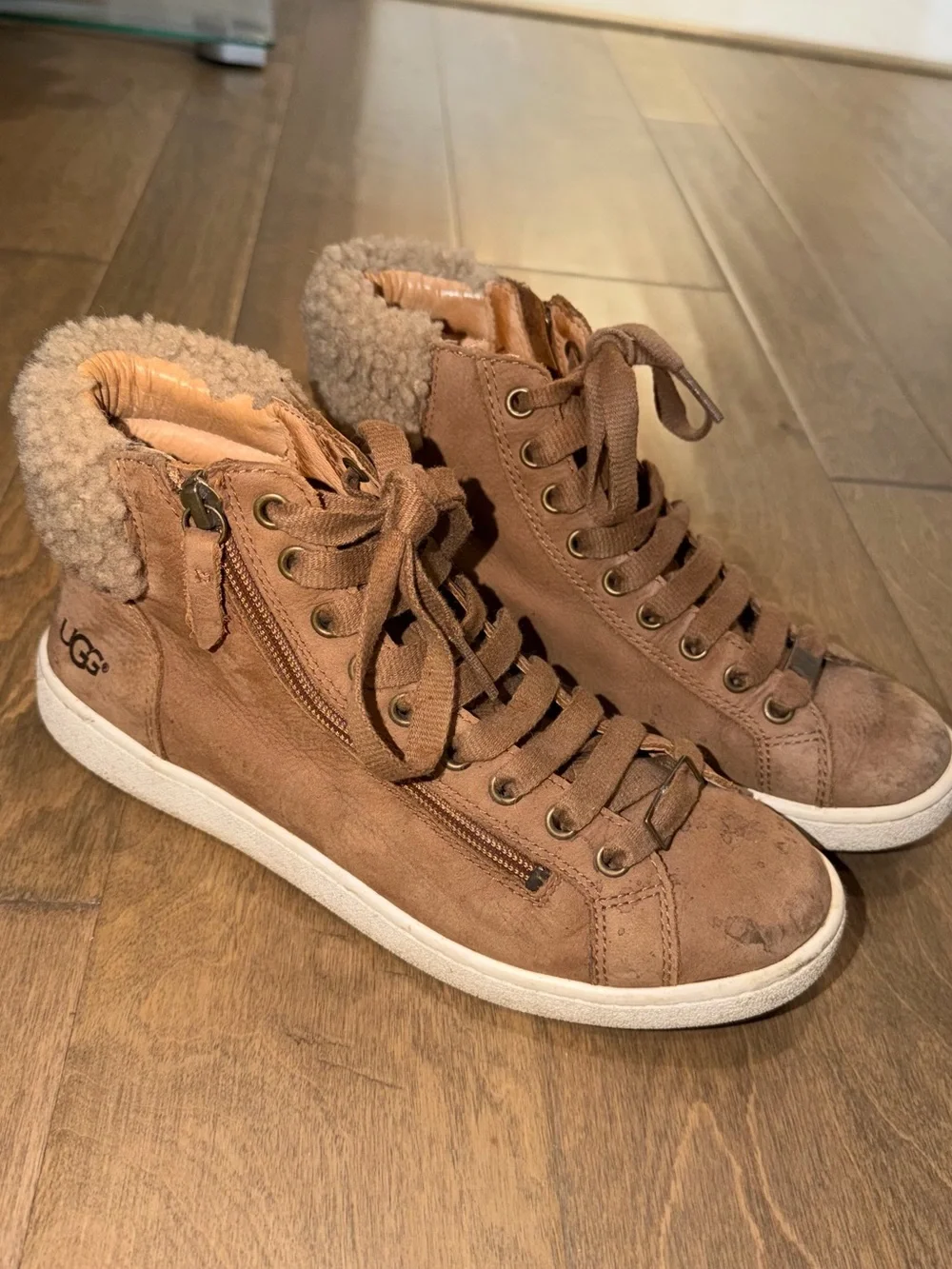 UGG Women's Pure Leather Lace Up Zipper Sneaker Boot with Wool Fur